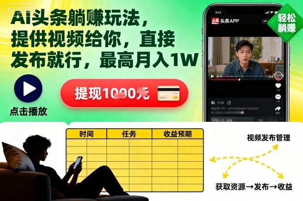 AI头条躺賺玩法,提供视频给你,直接发布就行,最高月入1W+【揭秘】-阳知网创资源库