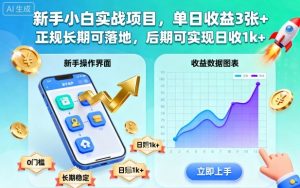 新手小白实战项目，单日收益3张+，正规长期可落地，后期可实现日收1k+【揭秘】-阳知网创资源库