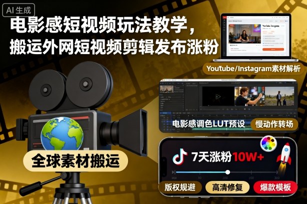 电影感短视频玩法教学，搬运外网短视频剪辑发布涨粉-阳知网创资源库