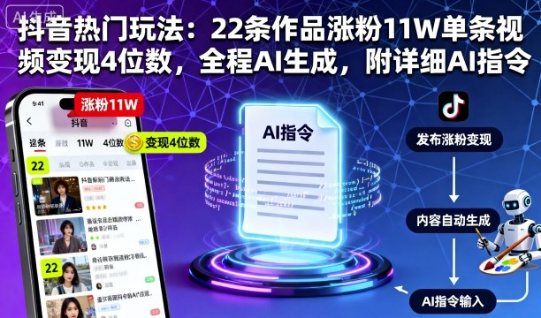 抖音热门玩法：22条作品涨粉11W单条视频变现4位数，全程AI生成，附详细AI指令-阳知网创资源库