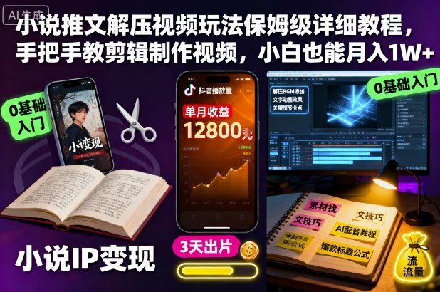 小说推文解压视频玩法保姆级详细教程,手把手教剪辑制作视频,小白也能月入1W+-阳知网创资源库