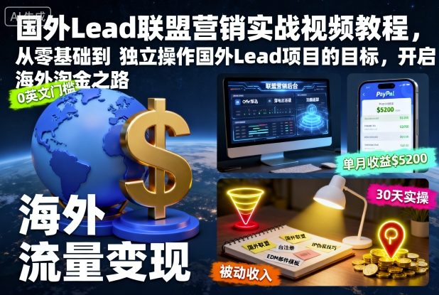 国外Lead联盟营销实战视频教程,从零基础到独立操作国外Lead项目的目标,开启海外淘金之路-阳知网创资源库