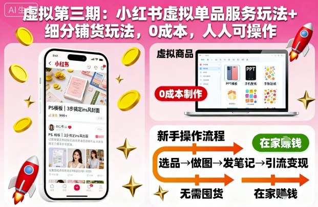 虚拟第三期:小红书虚拟单品服务玩法+细分铺货玩法,0成本,人人可操作-阳知网创资源库
