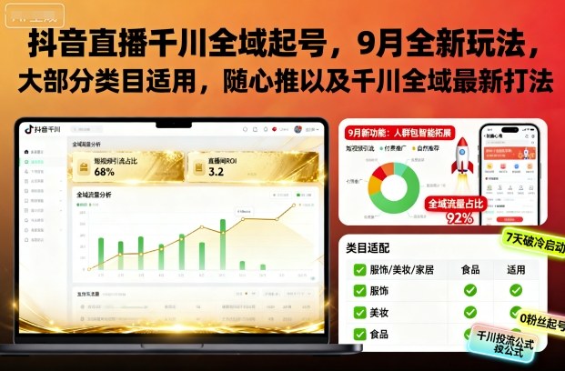抖音直播千川全域起号,9月全新玩法,大部分类目适用,随心推以及千川全域最新打法-阳知网创资源库