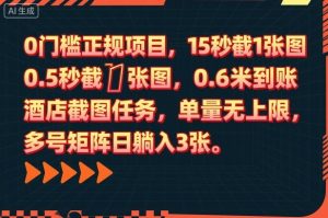 0门槛正规项目,15秒截1张图,0.6米到账,酒店截图任务,单量无上限,多号矩阵日躺入3张【揭秘】-阳知网创资源库