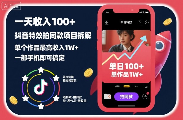 一天收入100+,抖音特效拍同款项目拆解,单个作品最高收入1W+,一部手机即可搞定-阳知网创资源库