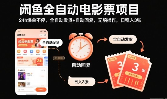 闲鱼全自动电影票项目,24h爆单不停,全自动发货+自动回复,无脑操作,日稳入3张【揭秘】-阳知网创资源库