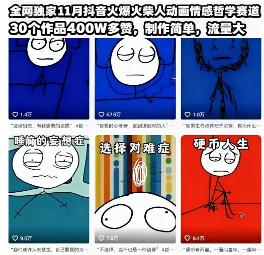 全网独家11月抖音火爆火柴人动画情感哲学赛道,30个作品400W多赞,制作简单,流量大【教学+素材】-阳知网创资源库