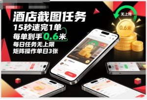 酒店截图任务,15秒速完1单,每单到手0.6米,每日任务无上限,全网首发玩法,矩阵操作单日3张【揭秘】-阳知网创资源库