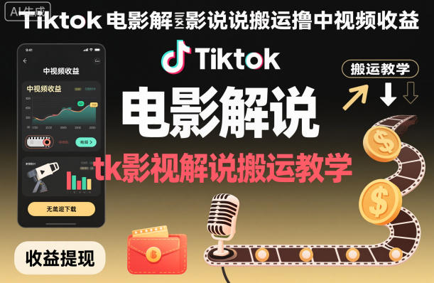 Tiktok电影解说搬运撸中视频收益,tk影视解说搬运教学-阳知网创资源库