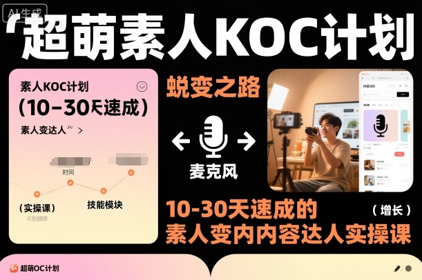 超萌素人KOC计划,10-30天速成的素人变内容达人实操课,适合想做短剧小说推文电商推广的素人入局-阳知网创资源库