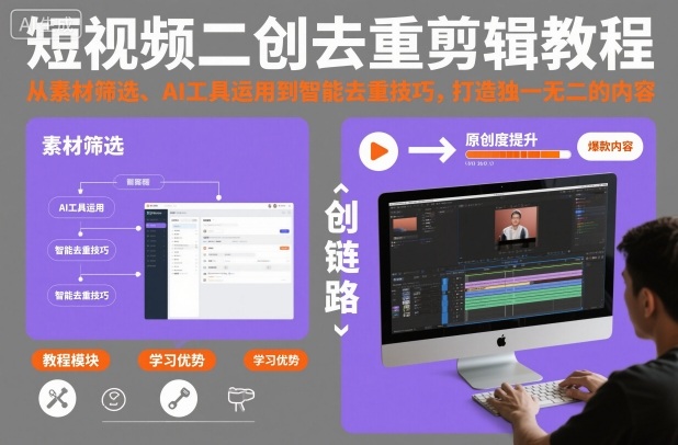 短视频二创去重剪辑教程,从素材筛选、AI工具运用到智能去重技巧,打造独一无二的内容-阳知网创资源库