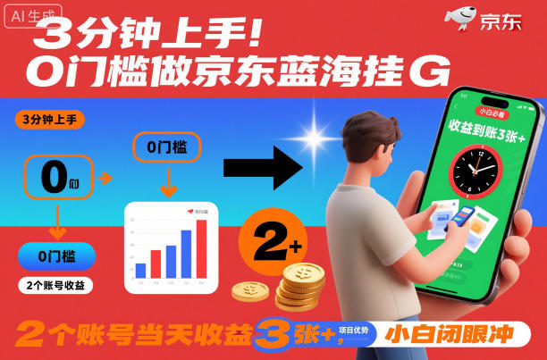 3分钟上手!0门槛做京东蓝海全自动掘金,2个账号当天收益3张+,小白闭眼冲【揭秘】-阳知网创资源库