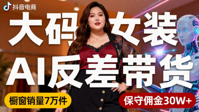 抖音小众赛道，大码女装AI反差带货，不用直播，每天6条作品，橱窗卖7万件，保守佣金30W+-阳知网创资源库