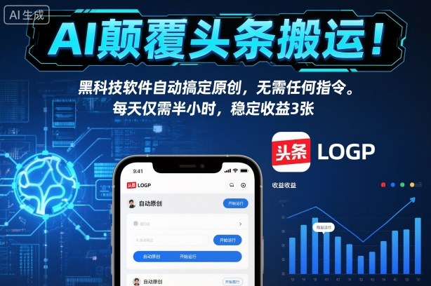 AI颠覆头条搬运!黑科技软件自动搞定原创,无需任何指令。每天仅需半小时,稳定收益3张【揭秘】-阳知网创资源库