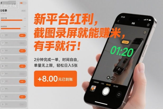 新平台红利，截图录屏就能賺米，有手就行！2分钟完成一单，时间自由，单量无上限，轻松日入5张【揭秘】-阳知网创资源库