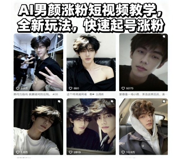 AI男颜涨粉短视频教学，全新玩法，快速起号涨粉-阳知网创资源库