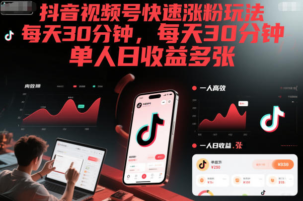 抖音视频号快速涨粉玩法，每天30分钟，单人日收益多张-阳知网创资源库