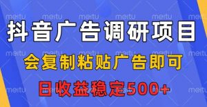 抖音广告调研项目,会复制粘贴广告即可,任务没有上限,日收益稳定5张【揭秘】-阳知网创资源库