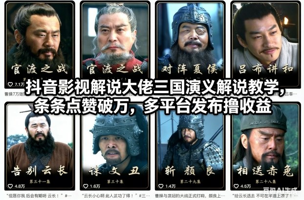 抖音影视解说大佬三国演义解说教学,条条点赞破万,多平台发布撸收益-阳知网创资源库