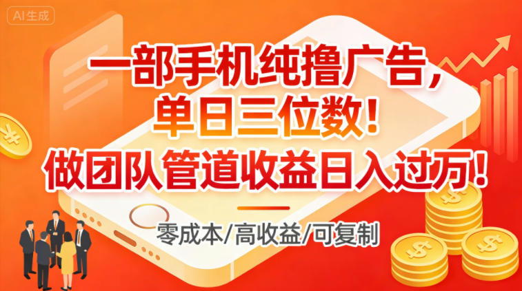 一部手机纯撸广告，单日三位数，做团队管道收益日入过1W-阳知网创资源库