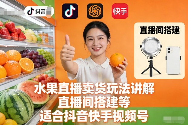 水果直播卖货玩法讲解、直播间搭建等,适合抖音快手视频号-阳知网创资源库