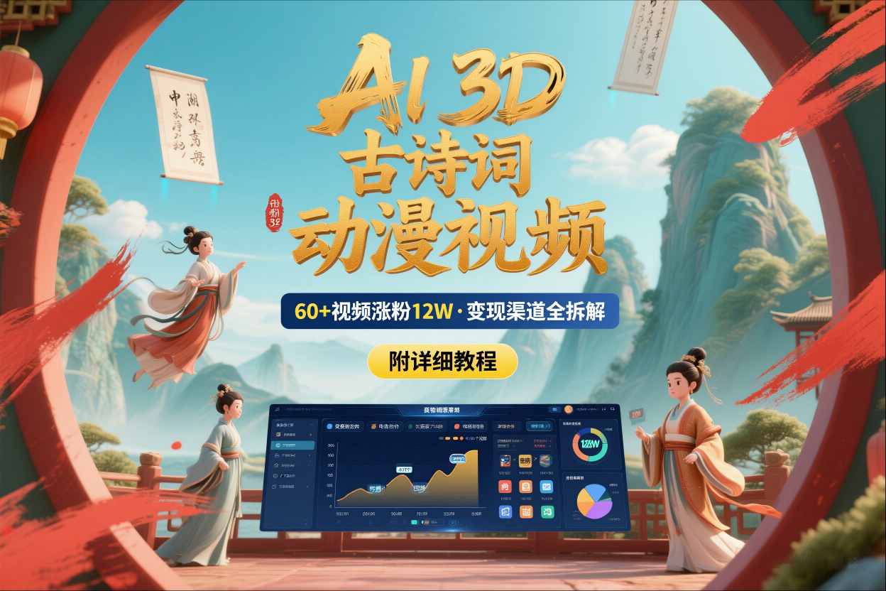 AI制作3D古诗词动漫视频，60多个视频涨粉12W，多个变现渠道拆解【附详细教程】-阳知网创资源库