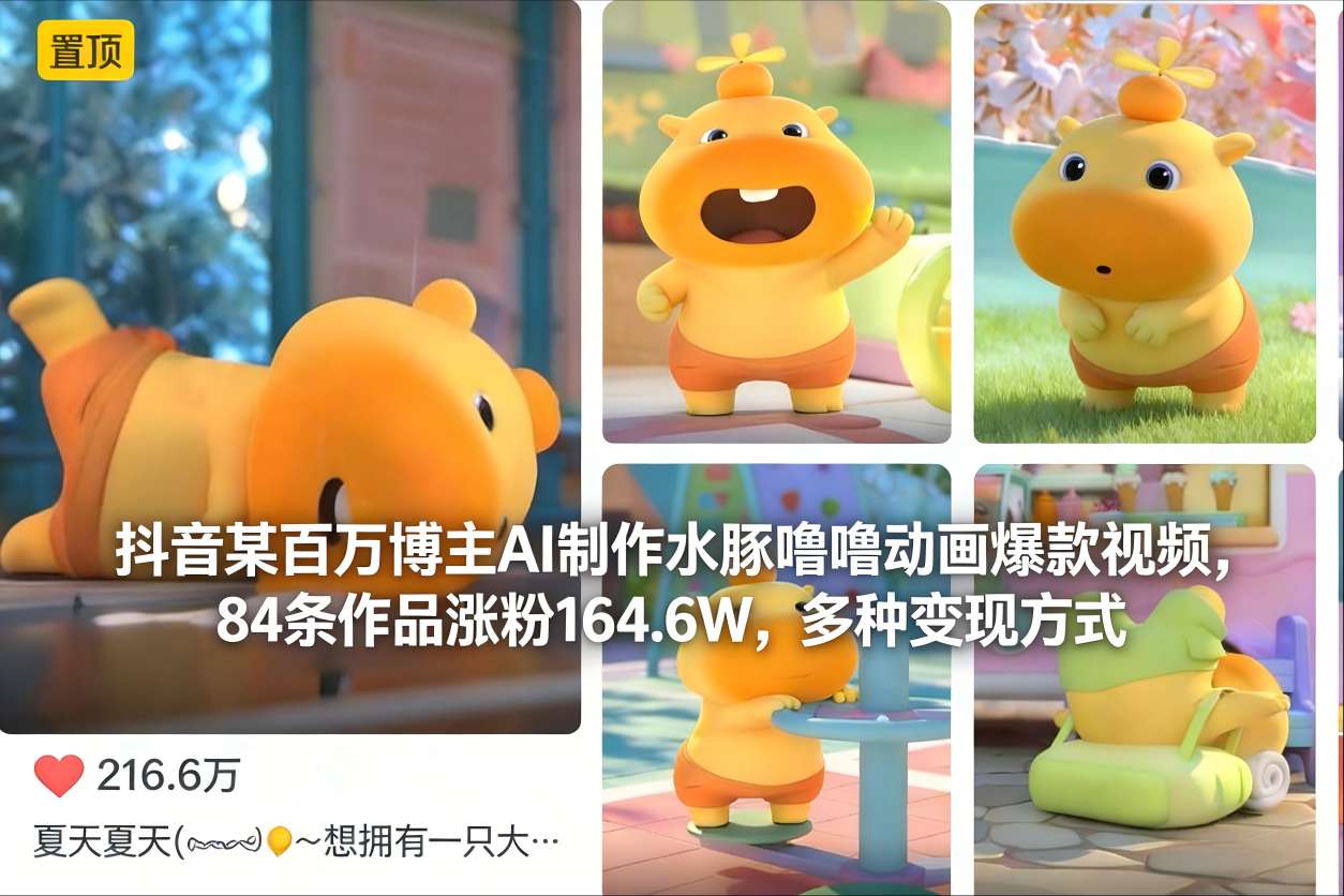 抖音某百万博主AI制作水豚噜噜动画爆款视频,84条作品涨粉164.6W,多种变现方式-阳知网创资源库