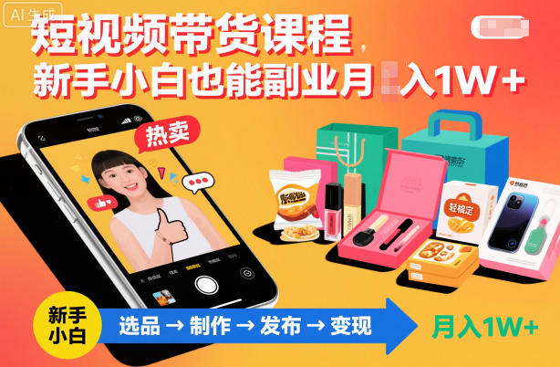 短视频带货课程，新手小白也能副业月入1W＋，轻松搞定-阳知网创资源库