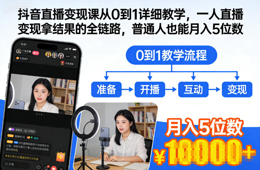 抖音直播变现课从0到1详细教学,一人直播变现拿结果的全链路,普通人也能月入5位数-阳知网创资源库