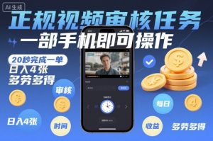 正规视频审核任务，一部手机即可操作，20秒完成一单，日入4张，多劳多得【揭秘】-阳知网创资源库