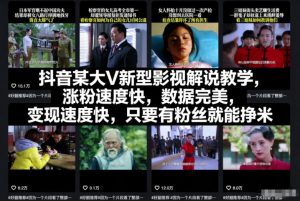 抖音某大V新型影视解说教学,涨粉速度快,数据完美,变现速度快,只要有粉丝就能挣米-阳知网创资源库