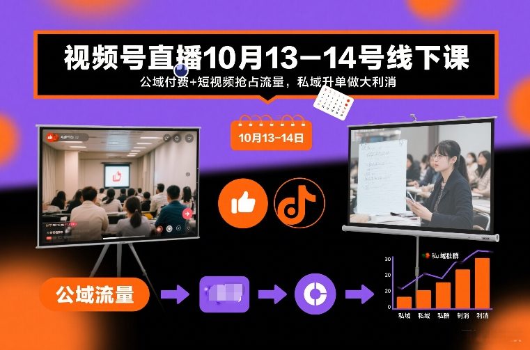 视频号直播10月13-14号线下课,公域付费+短视频抢占流量,私域升单做大利消-阳知网创资源库