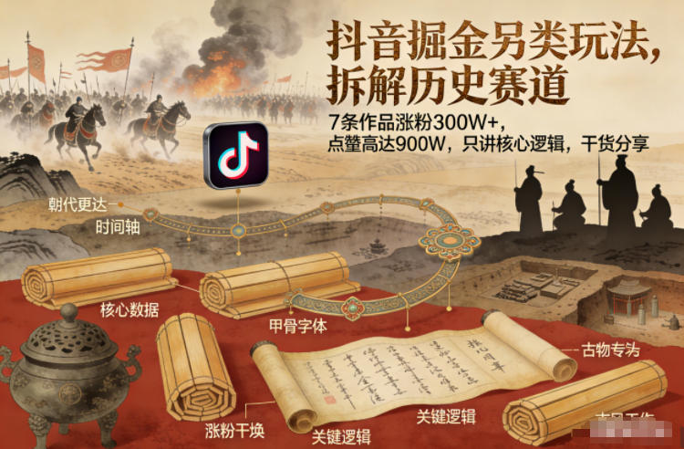 抖音掘金另类玩法，拆解历史赛道，7条作品涨粉300W+，点赞量高达900W，只讲核心逻辑，干货分享-阳知网创资源库