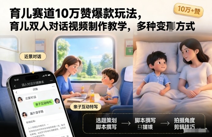 育儿赛道10万赞爆款玩法,育儿双人对话视频制作教学,多种变现方式-阳知网创资源库