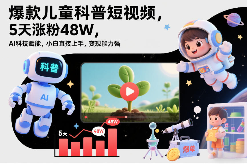 爆款儿童科普短视频,5天涨粉48W,AI科技赋能,小白直接上手,变现能力强,橱窗带货爆单不停-阳知网创资源库