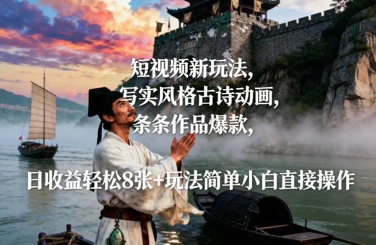 短视频新玩法,写实风格古诗动画,条条作品爆款,日收益轻松8张+玩法简单小白直接操作-阳知网创资源库