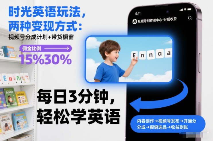 时光英语玩法，两种变现方式：视频号分成计划+带货橱窗-阳知网创资源库